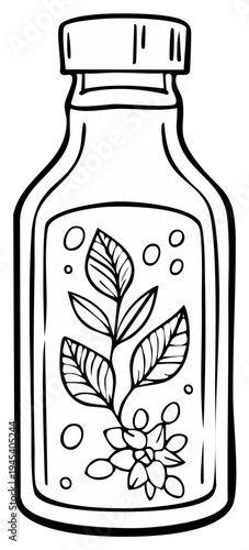 Line art illustration of a glass bottle containing a plant with leaves and flowers and small bubbles