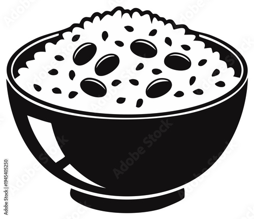 Aromatic Bowl Filled with Rice and Beans, Black and White Food Illustration for Simple Recipes and Culinary Arts
