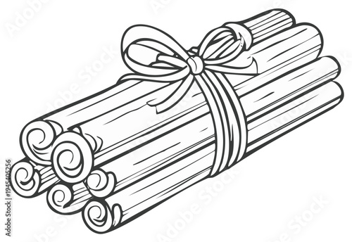 Bundle of Cinnamon Sticks Tied with a Ribbon Black and White Line Art Illustration Spice Ingredient Baking Flavor Culinary Decor
