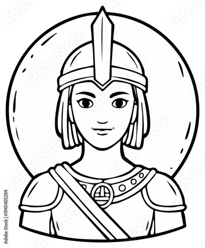 Drawing of a Female Figure in Ancient Armor and Helmet with Ornate Circular Design, Outlined Vector Illustration