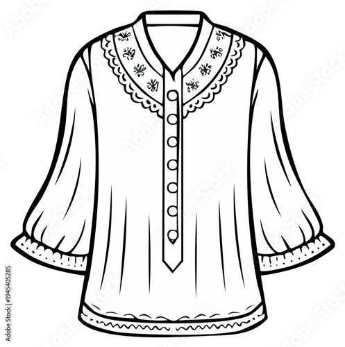 Blouse illustration. Fashion garment with button down detail. Outline, drawing, vector apparel design.