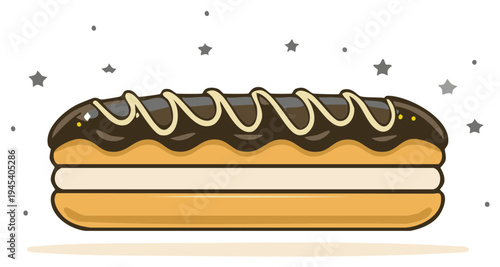 Delicious chocolate eclair dessert with decorative cream icing and stars