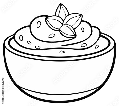 Hummus in a bowl with basil leaves, line art illustration