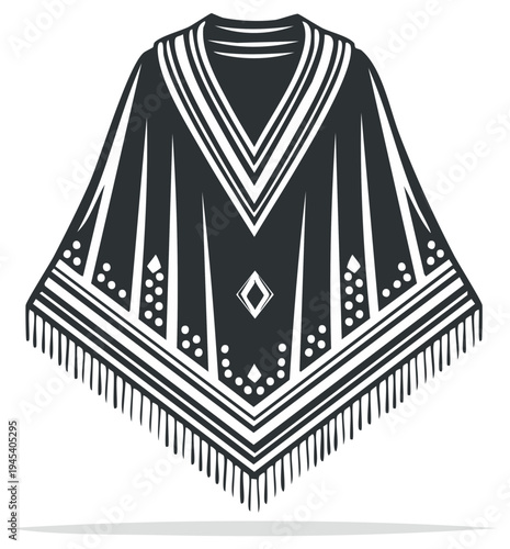 Traditional geometric pattern poncho isolated on white background with fringe detail