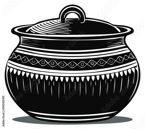 Traditional Black Ceramic Cooking Pot with Decorative Etched Patterns