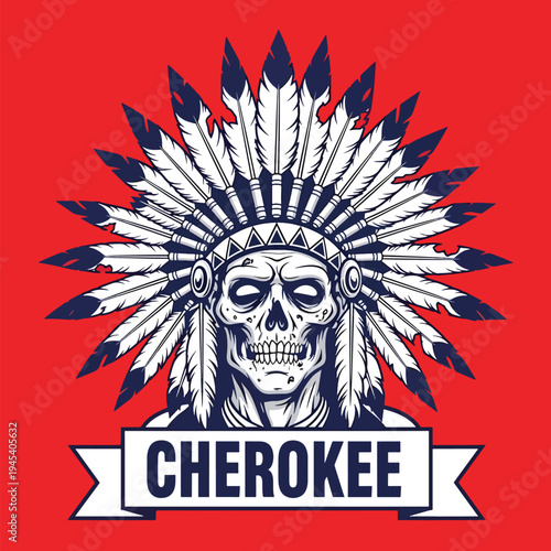 Intricate vector illustration of a skull wearing a traditional feathered headdress on a vibrant red background.