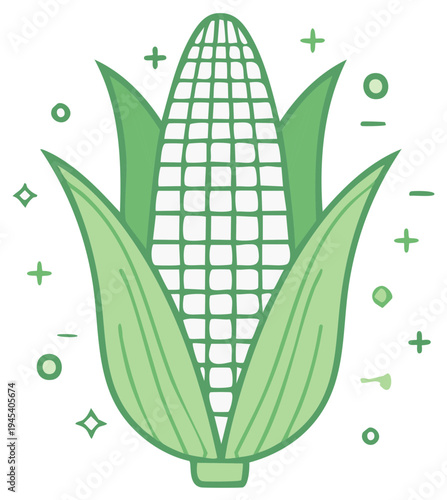 Fresh Green Corn on the Cob with Leaves and Decorative Sparkles