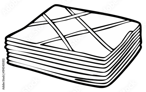 Black and white sketch of folded napkins or fabric with a crisscross pattern on top