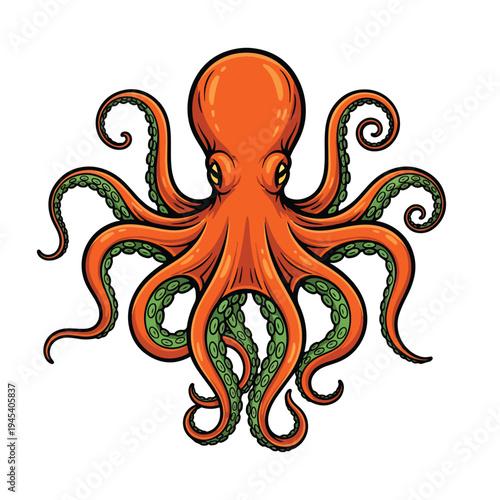 Dynamic stylized orange octopus vector illustration. Vibrant marine creature with curling tentacles.