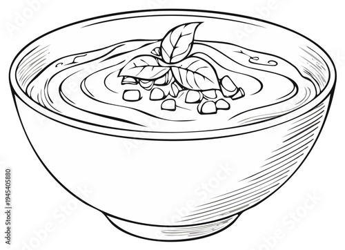 Monochrome vector art of a savory cream soup bowl with basil leaves and croutons
