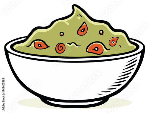 Delicious avocado dip with chopped tomato and onion in a simple white bowl