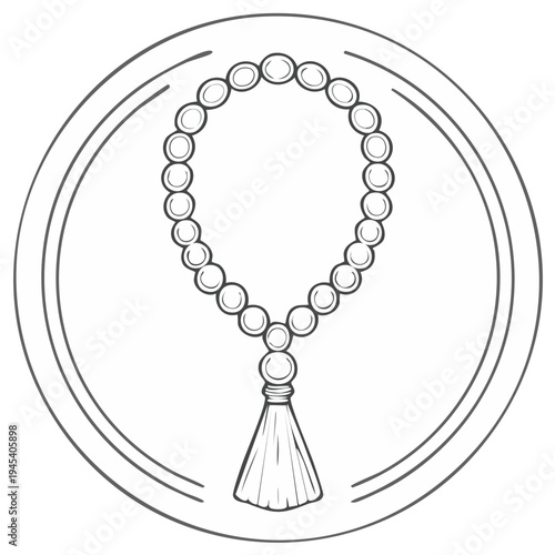 Hand drawn prayer beads with tassel inside a circle. Traditional beads illustration on white. Sketch of rosary for meditation and religion.