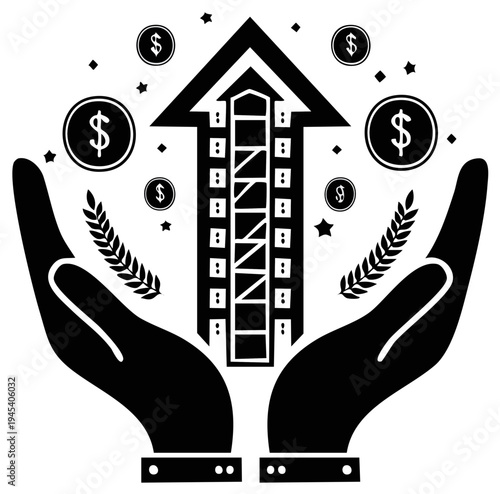 Hands present building symbol with arrow pointing up surrounded by money icons denoting investment return and growth