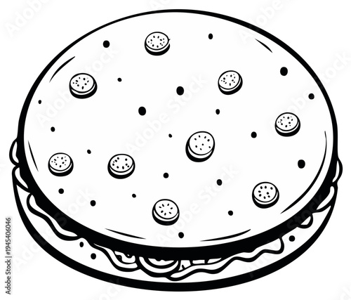 Illustrated burger with sliced toppings and details, black and white line art style.