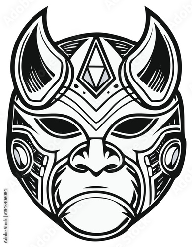 Stylized Japanese Oni Mask with Intricate Geometric Patterns and Horns