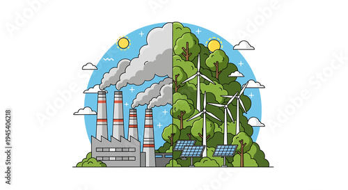 Dual Energy Scene Representing Industry And Renewable Power. Vector Illustrations. EPS Editable