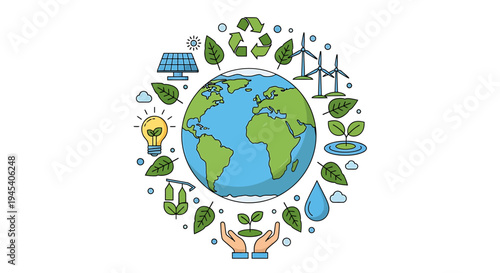 Earth At The Center Of Global Environmental Sustainability. Vector Illustrations. EPS Editable