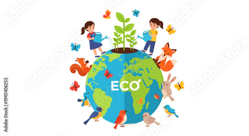 Earth Centered Children Surrounding Eco Planet Theme. Vector Illustrations. EPS Editable