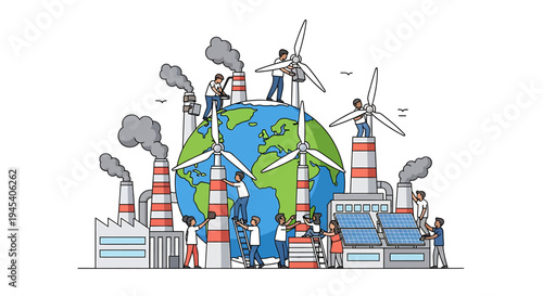 Earth Bursting With Industry And Wind Power. Vector Illustrations. EPS Editable