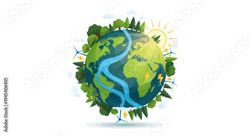 Earth Day Concept Featuring Green Planet With Leaves. Vector Illustrations. EPS Editable