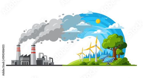Earth Day Environmental Balance Between Pollution And Renewable Energy Illustration. Vector Illustrations. EPS Editable