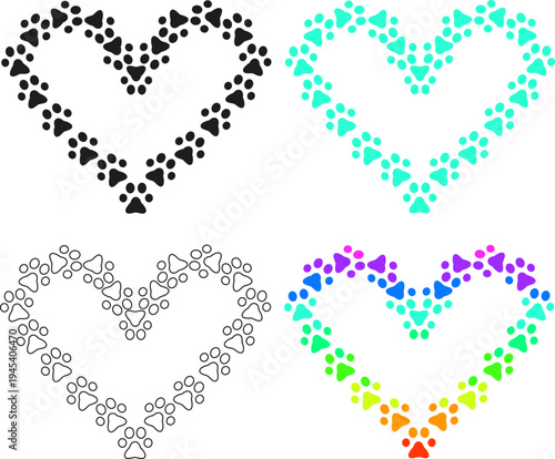 Heart-shaped formations created from animal footprint trails, available in various monochrome and colored styles. Versatile symbol graphics perfect for animal shelter logos, pet love messages, and paw