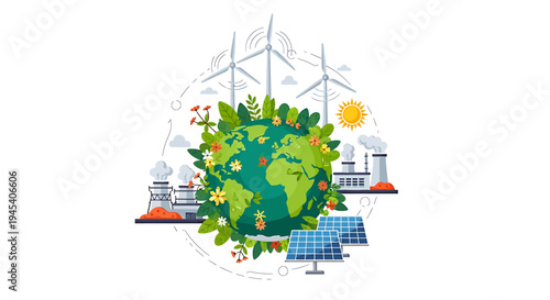 Earth Day Planet Showcasing Sustainable Energy And Green Technology. Vector Illustrations. EPS Editable