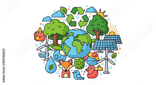 Earth Environment Sustainability Concepts and Renewable Energy Icon. Vector Illustrations. EPS Editable