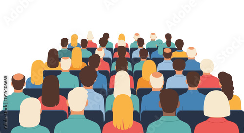 Large group of people seated facing forward a colorful silhouette