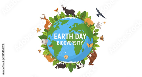 Earth Globe Biodiversity Focus On Planet Life. Vector Illustrations. EPS Editable