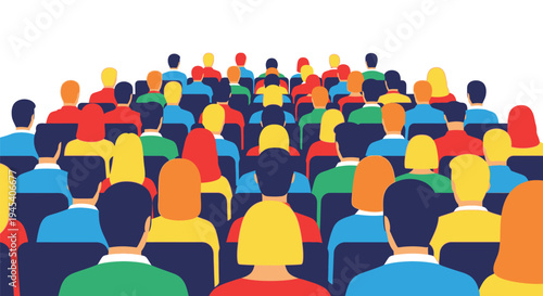 Large crowd of people viewed from behind colorful design silhouette