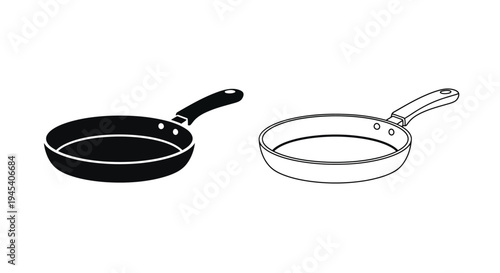 Two frying pans depicted in contrasting styles a solid and a silhouette