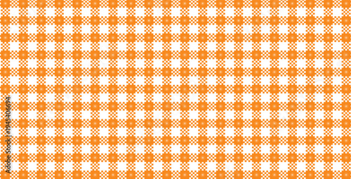 Orange and white repeating geometric pattern with checkered squares and small circular starburst motifs, symmetrical grid layout, minimalist abstract background.