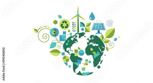 Earth Globe with Green Sustainability Symbols. Vector Illustrations. EPS Editable