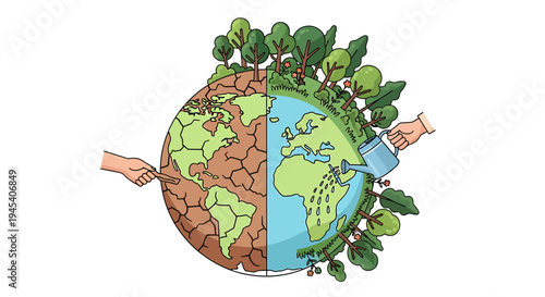 Earth Globe with Trees and Green Growth Concept. Vector Illustrations. EPS Editable