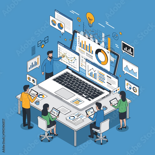 Business team analyzing data on laptop and tablets, data visualization, business analytics concept