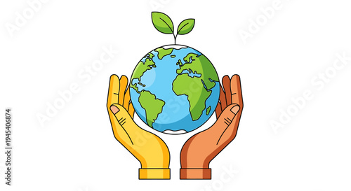 Earth held by caring hands with sprouting plant. Vector Illustrations. EPS Editable