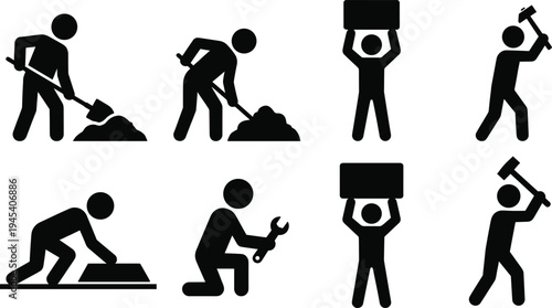 Construction, Worker, Labor, Icon, Set, Builder, Work, Repair, Tool, Industry, Maintenance, Engineering, Job, Laborer, Equipment, Activity, Silhouette, Workforce, Occupation, Vector