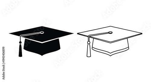 Two graduation caps one solid and one outlined a stark silhouette