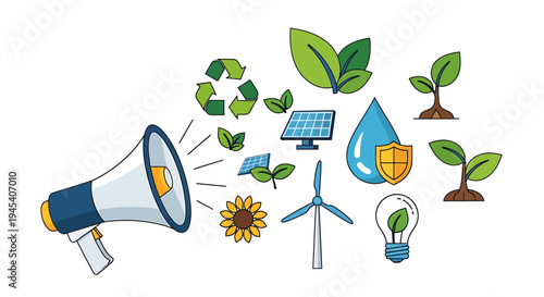 Eco Energy and Sustainability Concept With Renewable Resources. Vector Illustrations. EPS Editable