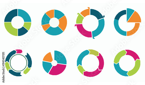 Flat Color Pie Chart Vector Set with 2-8 Segment Cycle Diagrams