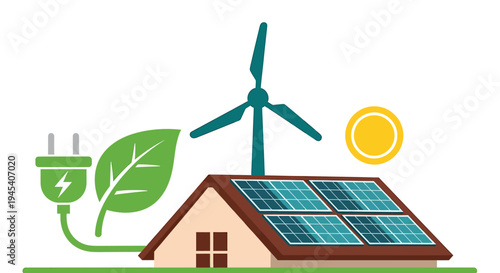 Eco Energy Home With Solar Panels And Wind Turbine. Vector Illustrations. EPS Editable