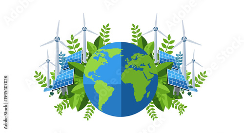 Earth with wind turbines and green foliage illustration. Vector Illustrations. EPS Editable