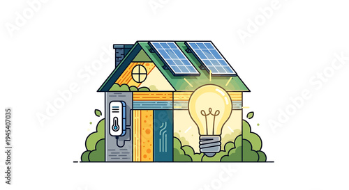 Eco friendly house with solar panels and bright light bulb. Vector Illustrations. EPS Editable