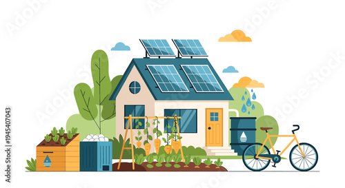 Eco Friendly House With Solar Panels And Bicycle. Vector Illustrations. EPS Editable