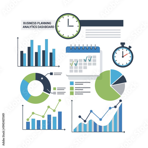 Business Planning Analytics Dashboard with Charts, Graphs, Calendar and Stopwatch