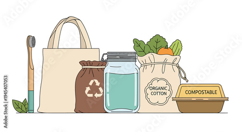 Eco Friendly Grocery Bag With Reusable Shopping Items. Vector Illustrations. EPS Editable