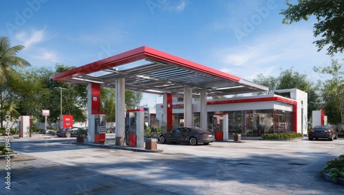 Modern Gas Station with Cars and Lush Greenery Under a Bright Sky.