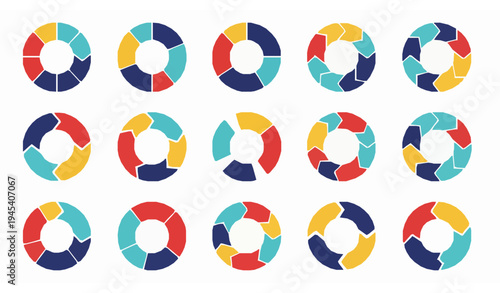 Stylized Color Pie Chart Vector Set with 2-8 Segment Infographics