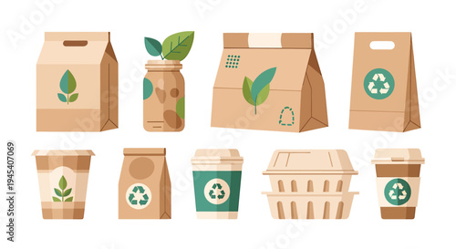 Eco friendly paper bags with recyclable symbols assortment. Vector Illustrations. EPS Editable